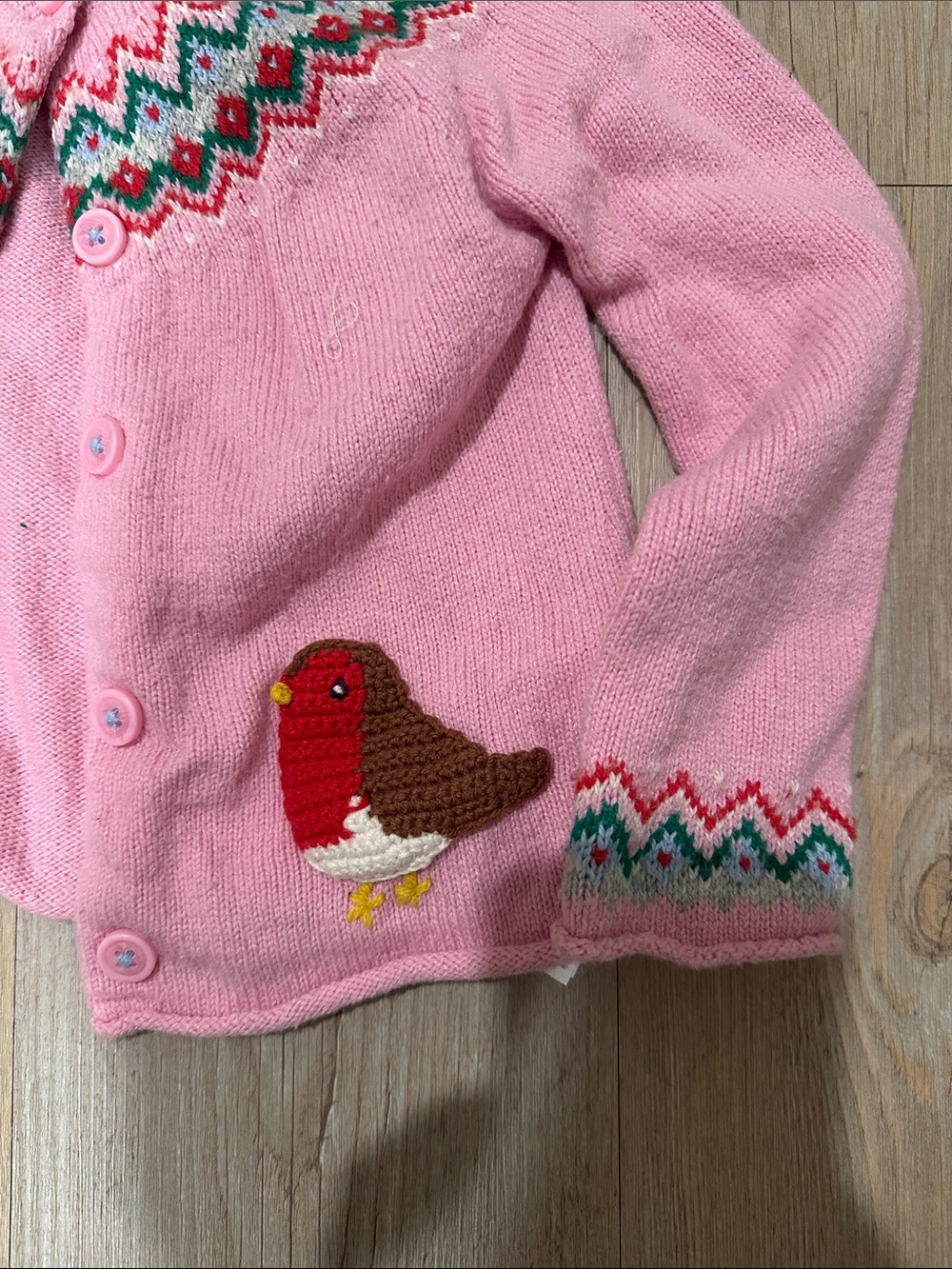 Baby Boden Pink Knit Cardigan with Colorful Fair Isle Yoke and Robin Pockets - Picture 2 of 6
